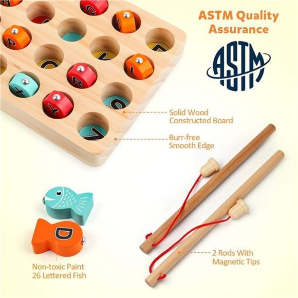 Wooden Magnetic Fishing Game, Fine Motor Skill Toy ABC Alphabet Color Sorting - Picture 5 of 6